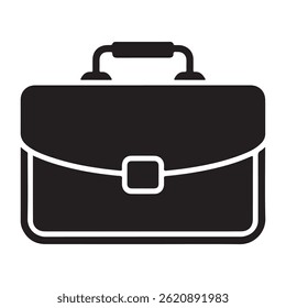 Minimalistic black and white briefcase icon representing business, work, or office concept isolated on white background.
