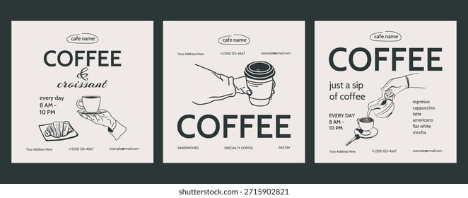 Minimalistic black and white coffee posters with hand-drawn illustrations: coffee cups, paper cups, croissants, and baristas. For cafes and coffee shops. Vector.