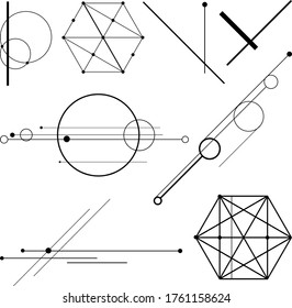 Minimalistic black and white composition of lines, dots and circle shapes. Abstract tattoo set or background as a design element. EPS 10. Sticker, illustration for coloring book