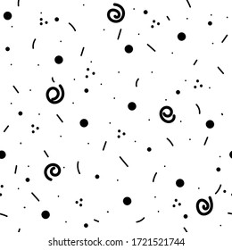 Minimalistic black and white doodle seamless pattern of randomly arranged dots, strokes, dwarfs, spirals. Scandinavian simple design for printing on wallpaper, paper, fabric, cover.