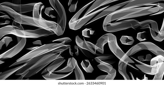 Rabiscos em preto e branco minimalistas sobre fundo escuro. Ótimo para fundos, rabiscos desenhados à mão, arte de linha, minimalismo, caos