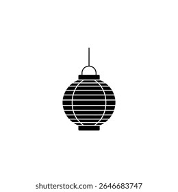 Um desenho em preto e branco minimalista retrata uma lanterna de papel estilo asiático clássico, exibindo sua forma redonda e listras horizontais, graciosamente suspensa.