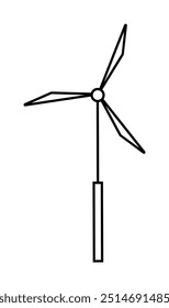 A minimalistic black and white drawing of a wind turbine featuring three thin rotor blades attached to a cylindrical base. Themes: renewable energy, sustainability, environmental technology, wind ener