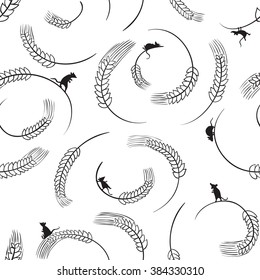 Minimalistic black and white farm pattern with wheat and mouse