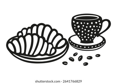 A minimalistic black and white flat vector illustration of a coffee cup on a saucer with two croissants on a plate and scattered coffee beans, drawn in clean line art style