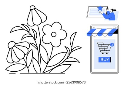 Minimalistic black and white flowers beside a smartphone displaying an online store interface with a BUY button. Ideal for e-commerce, florists, gardening, web design, and digital marketing