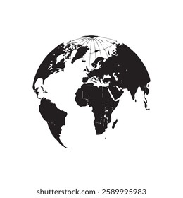 Minimalistic Black and White Globe Vector Illustration with Circular Border, Featuring High-Contrast Silhouette of North America, South America, Europe, and Africa for Maps, Environment, and Global Co