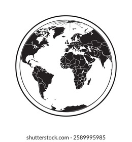 Minimalistic Black and White Globe Vector Illustration with Circular Border, Featuring High-Contrast Silhouette of North America, South America, Europe, and Africa for Maps, Environment, and Global Co