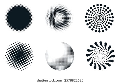 Minimalistic black and white halftone gradient dots, creating different optical effects and abstract designs