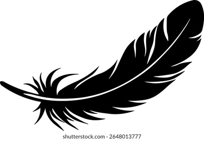 Minimalistic black and white icon of a bird feather in simple silhouette style without background
