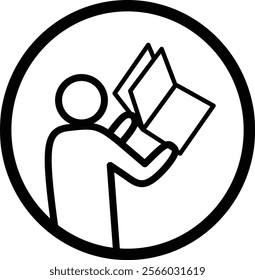 Minimalistic black and white icon of a person reading an open book, enclosed in a circle. Perfect for educational, instructional, or informational design projects and signage