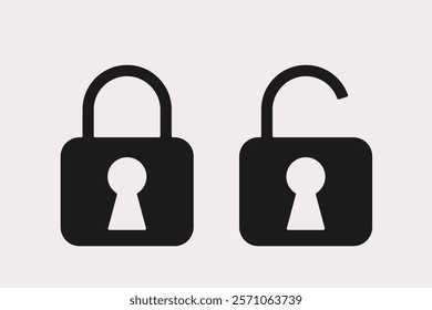 Minimalistic black and white icon set vector design. Locked and unlocked padlock, symbolizing security and accessibility. Simple vector illustration of two padlocks: one closed and one open. 