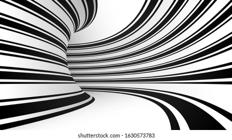 Minimalistic Black And White Illusion Background. Black Stripes. White Lines. Monochrome 3D Vector Illustration.