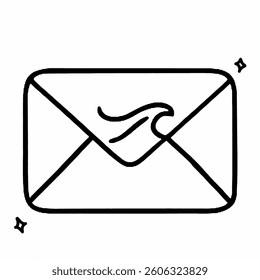 A minimalistic black and white illustration of an envelope with a wave symbol in the center. 