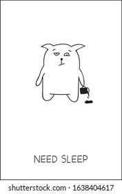 Minimalistic black and white illustration with a funny cat who wants to sleep with coffee.