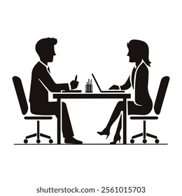 A minimalistic black and white illustration of a job interview, depicted as a simple silhouette icon symbol graphic