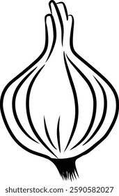Minimalistic black and white illustration of an onion design depicted in line art style, useful for coloring and artistic projects, food-related designs, or instructional purposes.