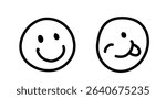 Minimalistic black and white illustration of two smiley faces. One smiles cheerfully while the other playfully sticks out its tongue. Simple and expressive design.
