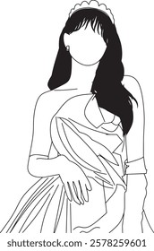 Minimalistic black and white illustration of a woman in a formal dress and tiara, embodying elegance and beauty.