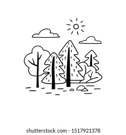 Minimalistic black and white landscape. Trees and bushes in a hand drawn style. Vector template.