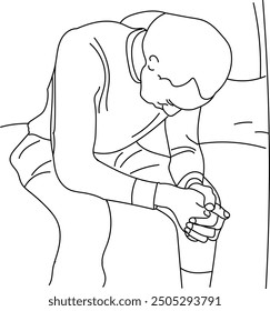A minimalistic black and white line art illustration depicting a sad person sitting on a bed with their head down. The artwork captures the essence of solitude and contemplation through simple, clean 