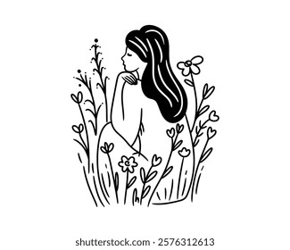 Minimalistic black and white line art of woman sitting among wildflowers. Elegant and peaceful botanical illustration, ideal for wall art, tattoo designs, and nature-inspired decor. Doodle line art.