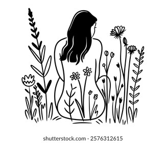 Minimalistic black and white line art of woman sitting among wildflowers. Elegant and peaceful botanical illustration, ideal for wall art, tattoo designs, and nature-inspired decor. Doodle line art.