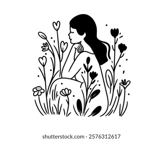 Minimalistic black and white line art of woman sitting among wildflowers. Elegant and peaceful botanical illustration, ideal for wall art, tattoo designs, and nature-inspired decor. Doodle line art.