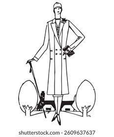 minimalistic black and white line art illustration of a vintage looking lady with trees on a background