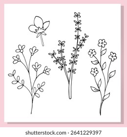 Minimalistic black and white line art of wildflowers and floral branches. Perfect for coloring pages, botanical designs, and DIY crafts