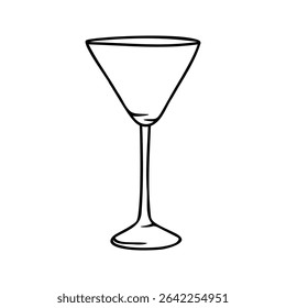 Minimalistic black and white line art of a martini cocktail glass with a classic V-shaped bowl and thin stem. Simple hand-drawn style for summer drinks, alcohol themes or bar and party design