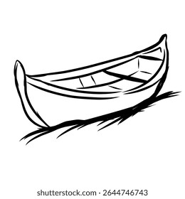 A minimalistic black and white line art drawing of a small boat, likely a canoe or rowboat, resting on a surface with a shadow beneath it.

