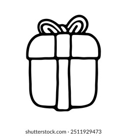 A minimalistic black and white line drawing of a gift box wrapped with a ribbon and bow.