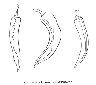 Minimalistic black and white line drawing of three chili peppers in various shapes, perfect for design projects or educational materials.