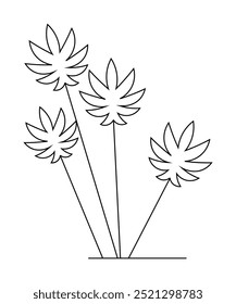 Um desenho minimalista de linhas pretas e brancas apresenta quatro flores estilizadas com múltiplas pétalas pontiagudas sobre hastes longas e delgadas que emergem de uma linha base.