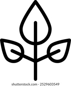 Minimalistic black and white line drawing of a plant with three leaves, one large central leaf at the top and two smaller leaves on either side.