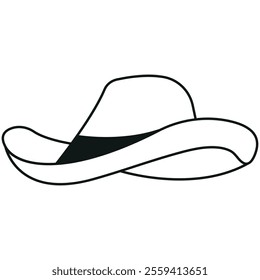 Minimalistic black and white line drawing of a cowboy hat with a wide brim that curves upwards on the sides and a creased crown. 