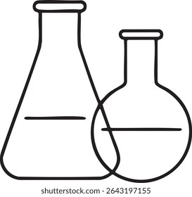 Um desenho minimalista a preto e branco representa dois frascos parcialmente preenchidos com uma linha líquida à mesma altura.