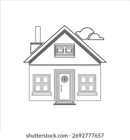 Dibujo minimalista en blanco y negro de una casa con ventanas, puerta y chimenea, perfecto para diseño arquitectónico, construcción o imágenes conceptuales del hogar.