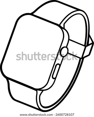 A minimalistic black and white line drawing of a smartwatch featuring a sleek band and a functional button. Ideal for technology concepts, wearable device illustrations, and design mockups.