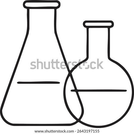 A minimalistic black and white line drawing depicts two flasks partially filled with a liquid line at the same height.