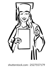 Minimalistic black and white linear illustration of a graduate student receiving her diploma, isolated on white background