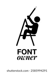 A minimalistic black and white logo depicting a man sitting on a letter with a large pencil in his hand. Ideal for representing print shops, design studios, or creative font development. Ideal for bra