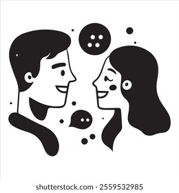 Minimalistic black and white logo of a happy man and woman facing each other