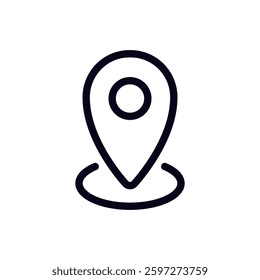 A minimalistic black and white map pin icon used to show a location or direction on a digital map.