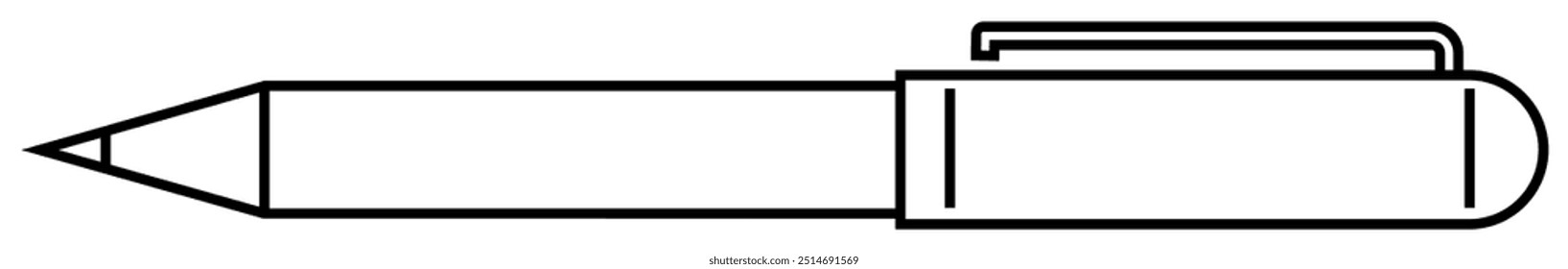 Um contorno preto e branco minimalista de uma caneta esferográfica, com uma ponta pontiaguda, tampa e clipe. Ideal para material de escritório, ferramentas de escrita, artigos de papelaria, materiais educativos e projeto gráfico