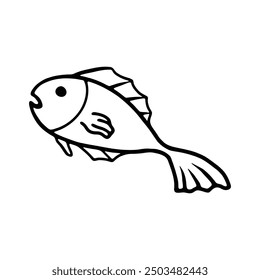 A minimalistic black and white outline of a fish, showcasing a stylized aquatic creature with a curved body, fins, and a large eye.