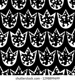 The minimalistic black and white pattern of tulips. Floral seamless pattern. Black background. Vector drawing repeat pattern of flowers. Endless wallpaper style. Textile design.
