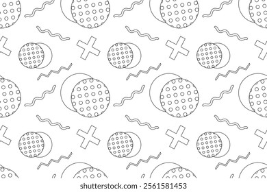 Minimalistic black and white seamless pattern featuring circles, crosses, wavy lines, and geometric elements.