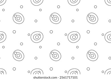 Minimalistic black and white seamless pattern featuring abstract circles with smaller circles inside and scattered dots. Ideal for childrens coloring pages, creative projects, and printable designs.